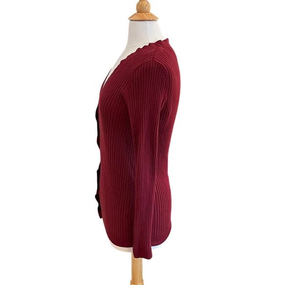 Lands' End Cotton Blend Burgundy V-Neck Ribbed Long Sleeve Cardigan Sweater, M - Picture 4 of 11